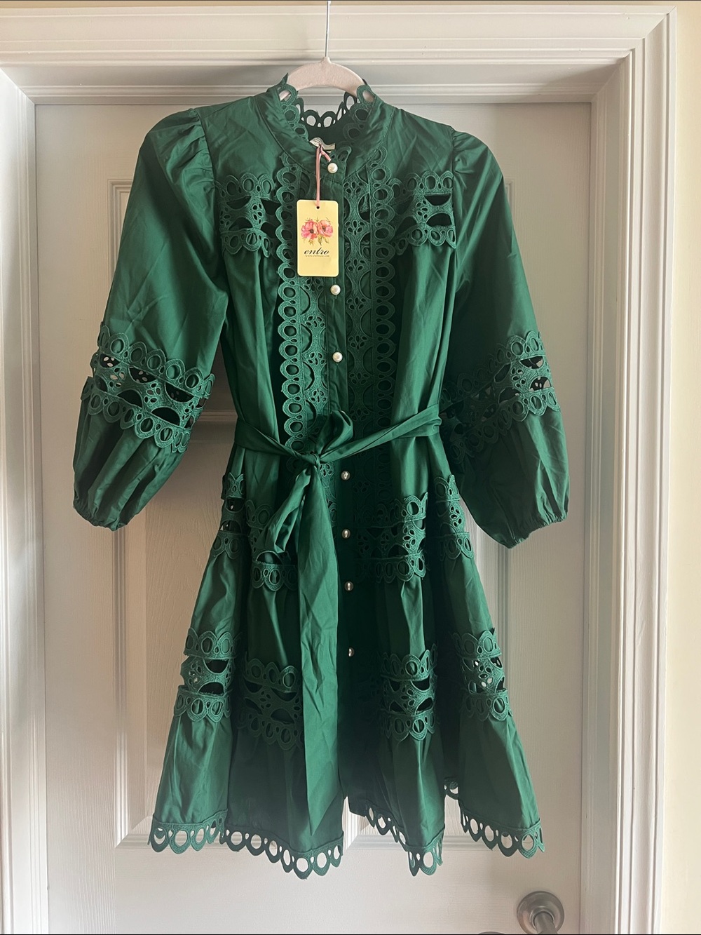NWT Hunter Green Eyelet Lace Dress with removable waist sash